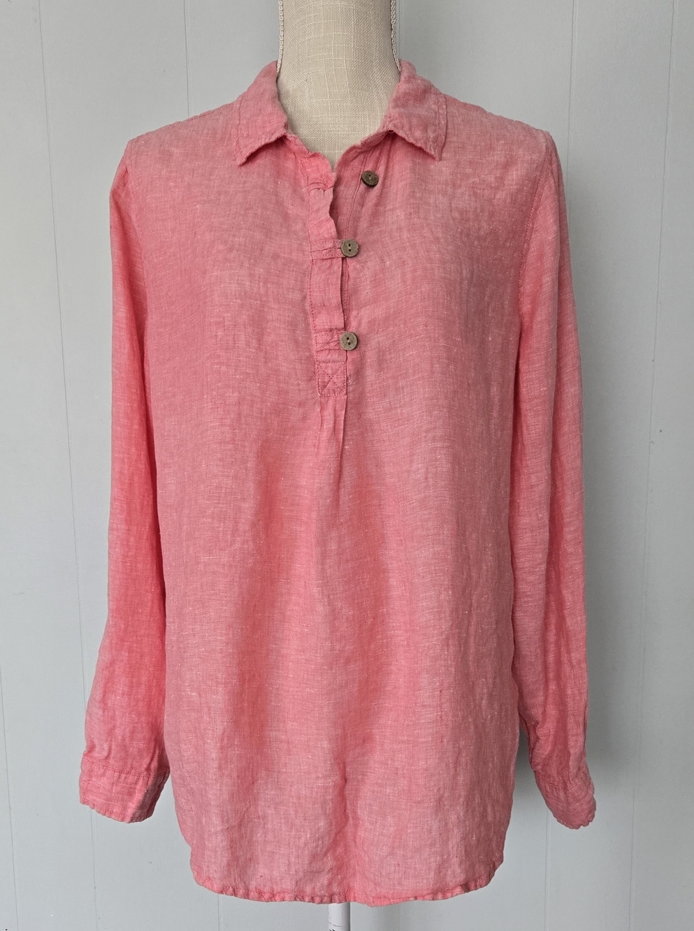 Sigrid Olsen Coral Pink Linen Button-Front Casual Shirt
